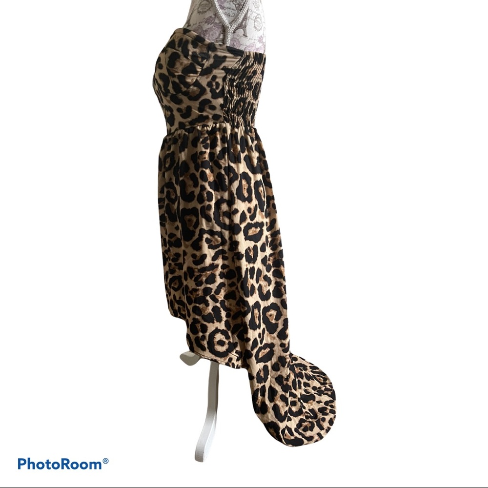 Leopard Print Strapless Smocked Hi-Lo Dress W/ Front Zipper Closure Womens Small - Picture 12 of 14